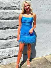 Blue Spaghetti Straps Tight Homecoming Dress with Feathers