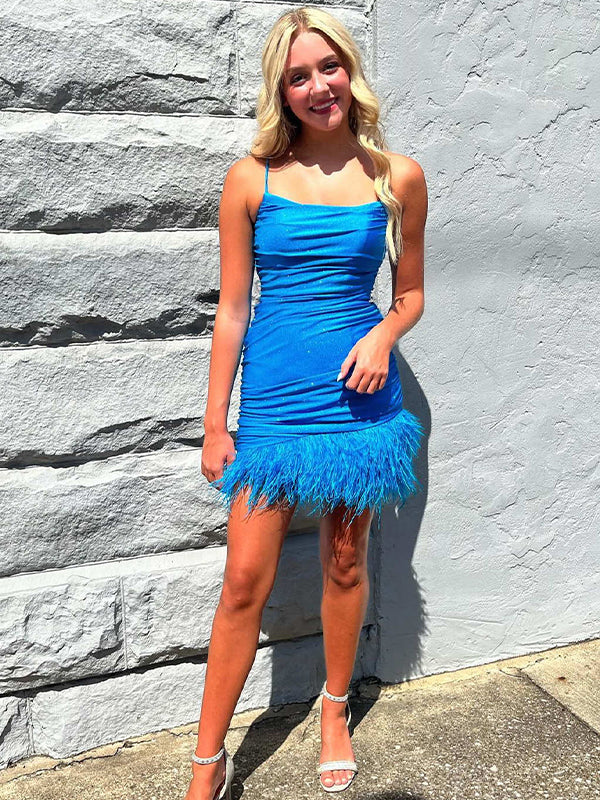 Blue Spaghetti Straps Tight Homecoming Dress with Feathers