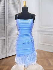 Blue Spaghetti Straps Tight Homecoming Dress with Feathers