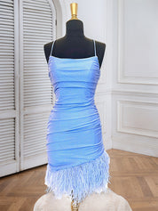 Blue Spaghetti Straps Tight Homecoming Dress with Feathers