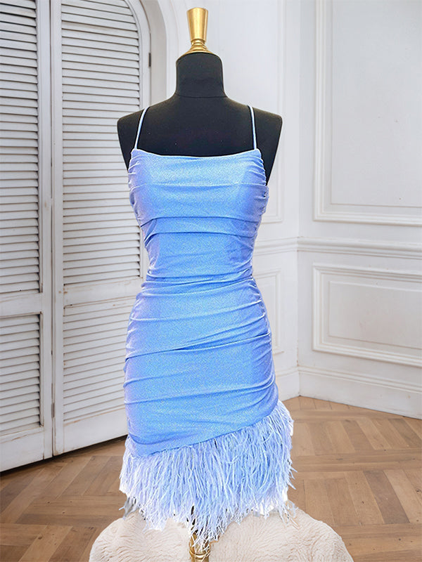 Blue Spaghetti Straps Tight Homecoming Dress with Feathers
