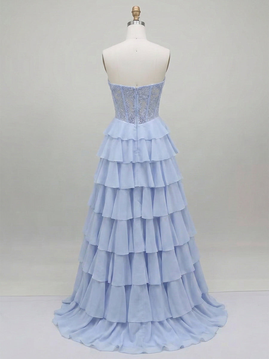 Blue Strapless A Line Corset Tiered Ruffle Long Prom Dress