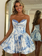 Blue Strapless A Line Sweetheart Floral Homecoming Dress