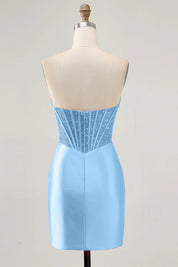 Blue Strapless Bodycon Beaded Corset Homecoming Dress