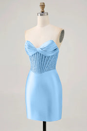 Blue Strapless Bodycon Beaded Corset Homecoming Dress