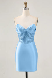 Blue Strapless Bodycon Beaded Corset Homecoming Dress