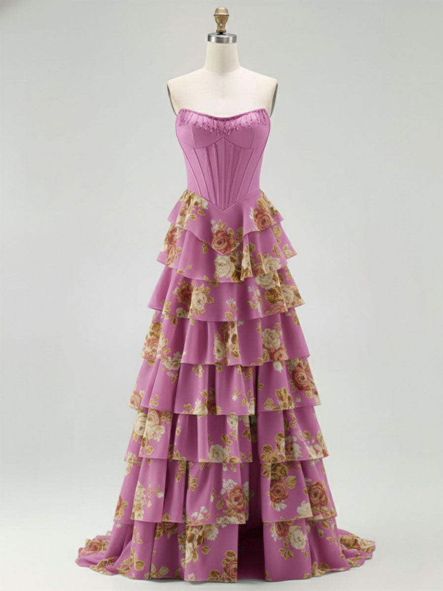 Blue Strapless Floral Print Tiered Ruffle Corset Prom Dress