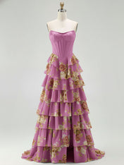 Blue Strapless Floral Print Tiered Ruffle Corset Prom Dress
