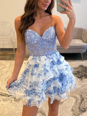 Blue Strapless Printing Sheer Bodice Tiered Short Homecoming Dress