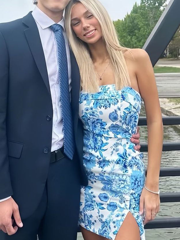 Blue Strapless Printing Sleeveless Tight Homecoming Party Dress with Slit