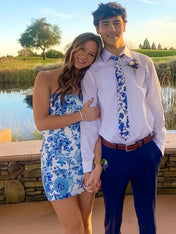 Blue Strapless Printing Sleeveless Tight Homecoming Party Dress with Slit