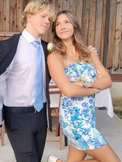 Blue Strapless Printing Sleeveless Tight Homecoming Party Dress with Slit