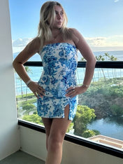 Blue Strapless Printing Sleeveless Tight Homecoming Party Dress with Slit