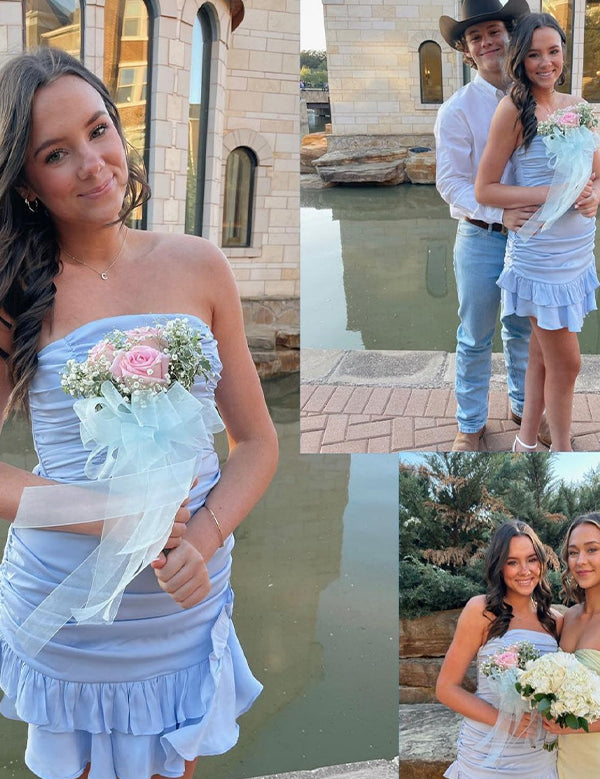 Blue Strapless Ruched Bow Back Homecoming Dress with Ruffle