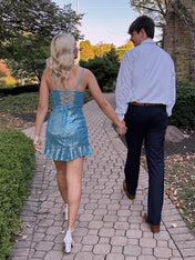 Blue Strapless Ruffle Hem Sequin Short Homecoming Dress