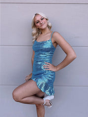Blue Strapless Ruffle Hem Sequin Short Homecoming Dress