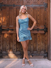 Blue Strapless Ruffle Hem Sequin Short Homecoming Dress
