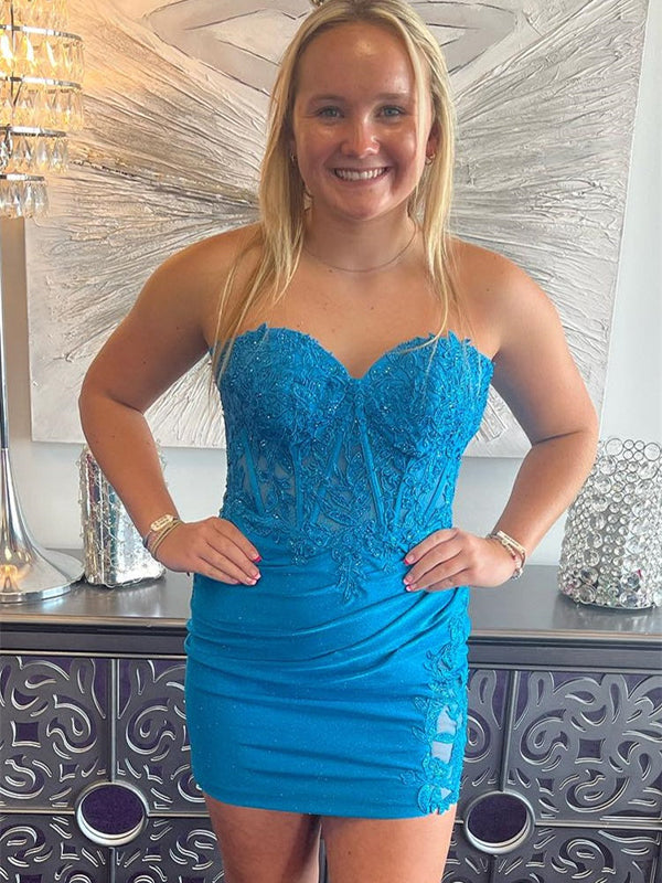 Blue Strapless Sweetheart Appliques Bodycon Short Homecoming Dress