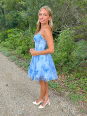 Blue Sweetheart A Line Corset Floral Print Short Homecoming Dress