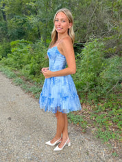 Blue Sweetheart A Line Corset Floral Print Short Homecoming Dress