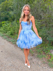 Blue Sweetheart A Line Corset Floral Print Short Homecoming Dress