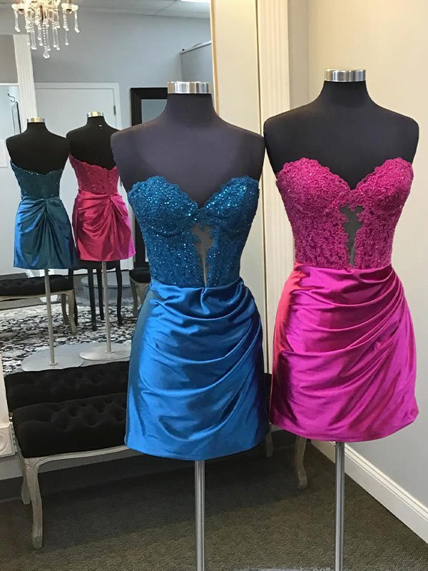 Blue Sweetheart Appliques Ruched Tight Homecoming Dress