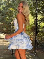 Blue Sweetheart Strapless A-Line Appliquues Tiered Homecoming Dress