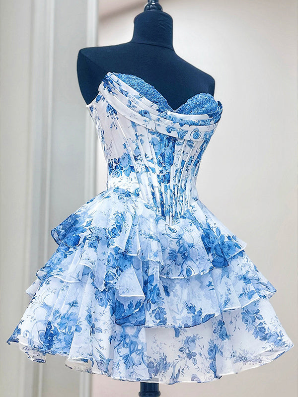 Blue Sweetheart Strapless A-Line Appliquues Tiered Homecoming Dress