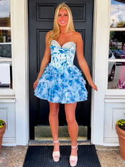 Blue Sweetheart Strapless A-Line Beaded Floral Homecoming Dress