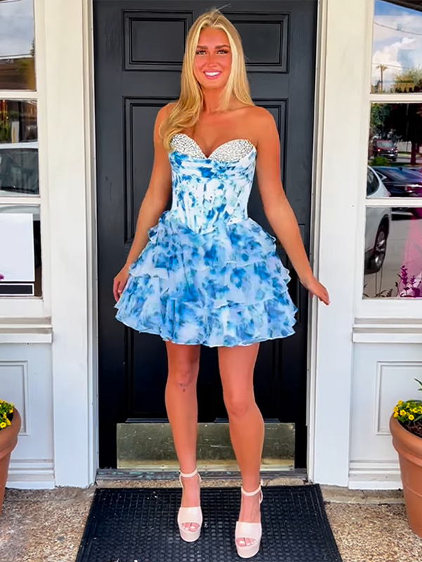 Blue Sweetheart Strapless A-Line Beaded Floral Homecoming Dress