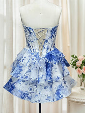 Blue Sweetheart Strapless A-Line Empire Beaded Floral Homecoming Dress