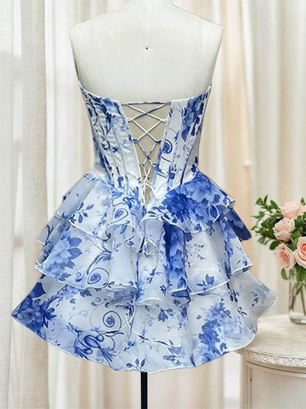 Blue Sweetheart Strapless A-Line Empire Beaded Floral Homecoming Dress