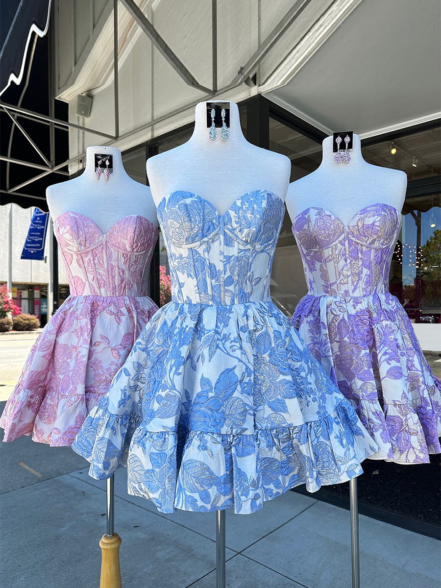Blue Sweetheart Strapless A-Line Short Floral Print Homecoming Dress