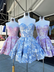 Blue Sweetheart Strapless A-Line Short Floral Print Homecoming Dress