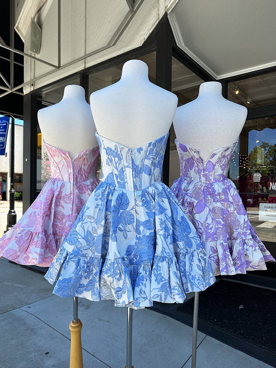 Blue Sweetheart Strapless A-Line Short Floral Print Homecoming Dress