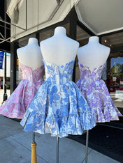 Blue Sweetheart Strapless A-Line Short Floral Print Homecoming Dress