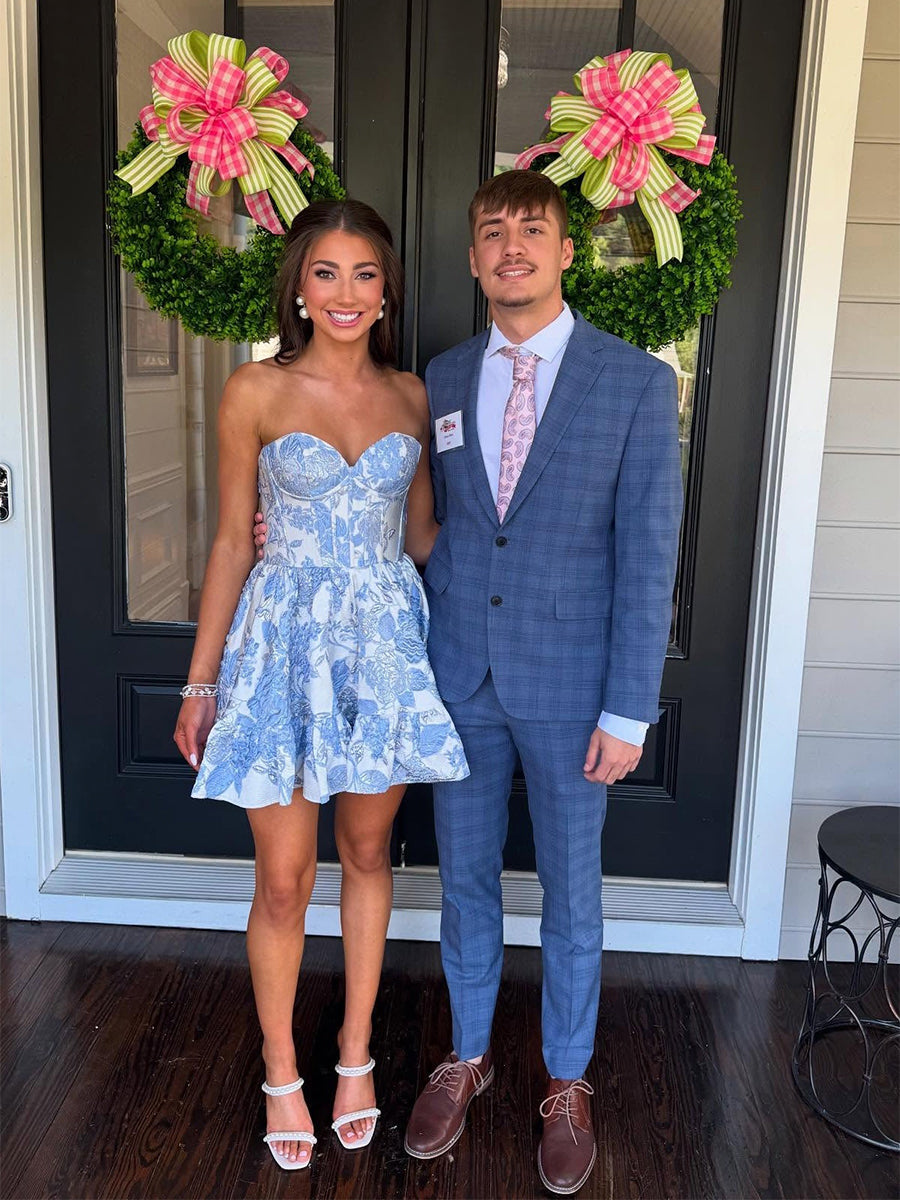 Blue Sweetheart Strapless A-Line Short Floral Print Homecoming Dress