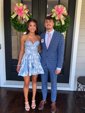 Blue Sweetheart Strapless A-Line Short Floral Print Homecoming Dress