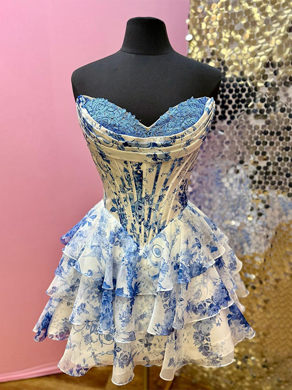Pink Sweetheart Strapless A-Line Appliquues Tiered Homecoming Dress