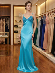 Blue V Neck Beaded Bodice Satin A-Line Long Prom Dress