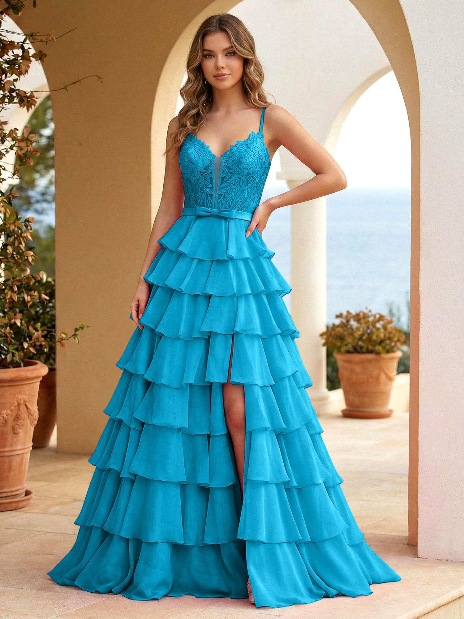 Pink Lace Corset Tiered Ruffle Long Prom Dress