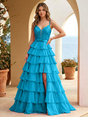 Pink Lace Corset Tiered Ruffle Long Prom Dress