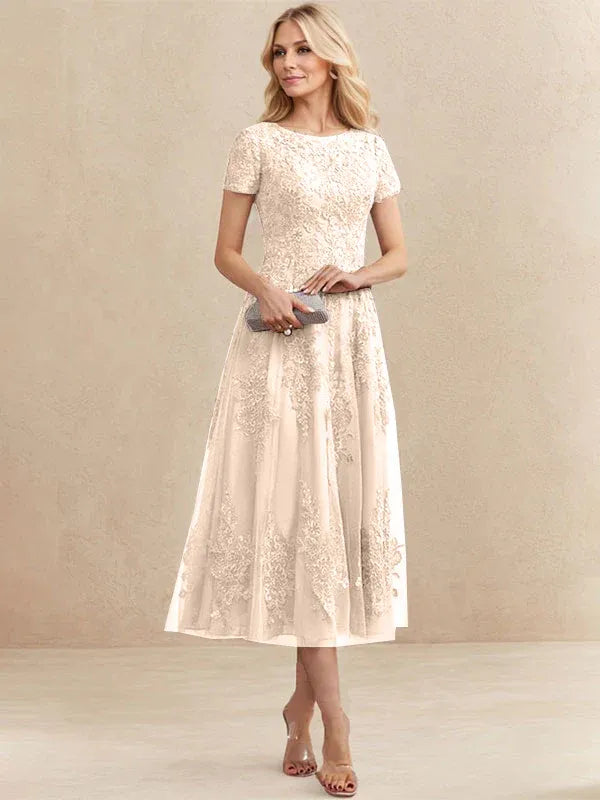A-line Scoop Tea-Length Tulle Lace Mother of the Bride Dress