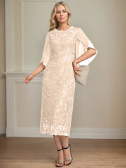 Sheath/Column Scoop Tea-Length Lace Chiffon Mother of the Bride Dress