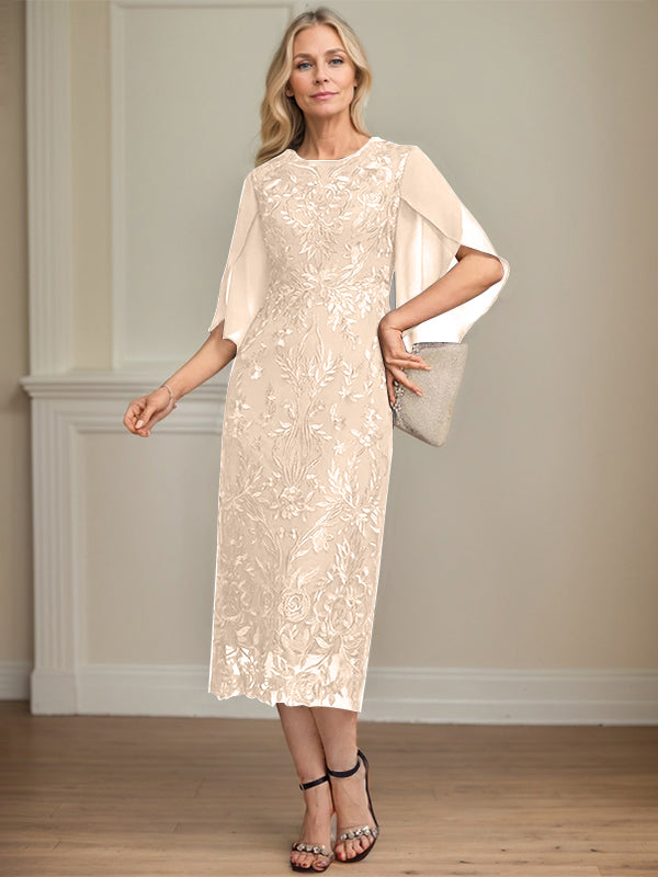Column Scoop Tea-Length Lace Chiffon Mother of the Bride Dress