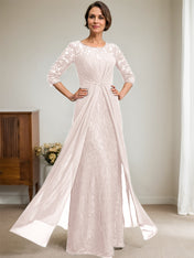 A-Line Scoop Illusion Floor-Length Lace Chiffon Mother Of the Bride Dress With Beading Ruffles