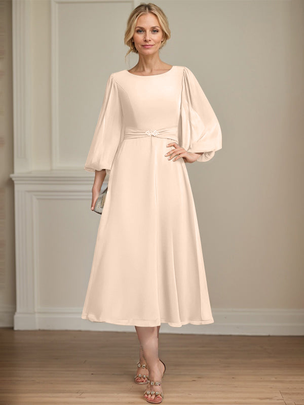 A-line Scoop Tea-Length Chiffon Mother of the Bride Dress With Crystal Brooch Pleated