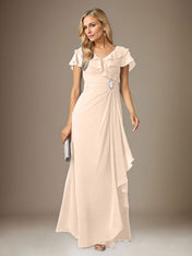 Stormy A-Line V-Neck Ruched Chiffon Dress