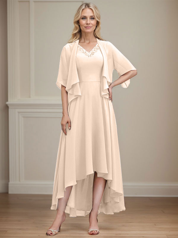 A-line V-Neck Asymmetrical Chiffon Mother of the Bride Dress With Beading Sequins