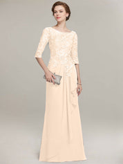 A-line Scoop Illusion Floor-Length Lace Chiffon Mother of the Bride Dress With Cascading Ruffles